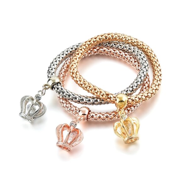 Elegant Crown Charm Bracelets – Set of Three in Gold, Silver & Rose Gold - Picture 2 of 7